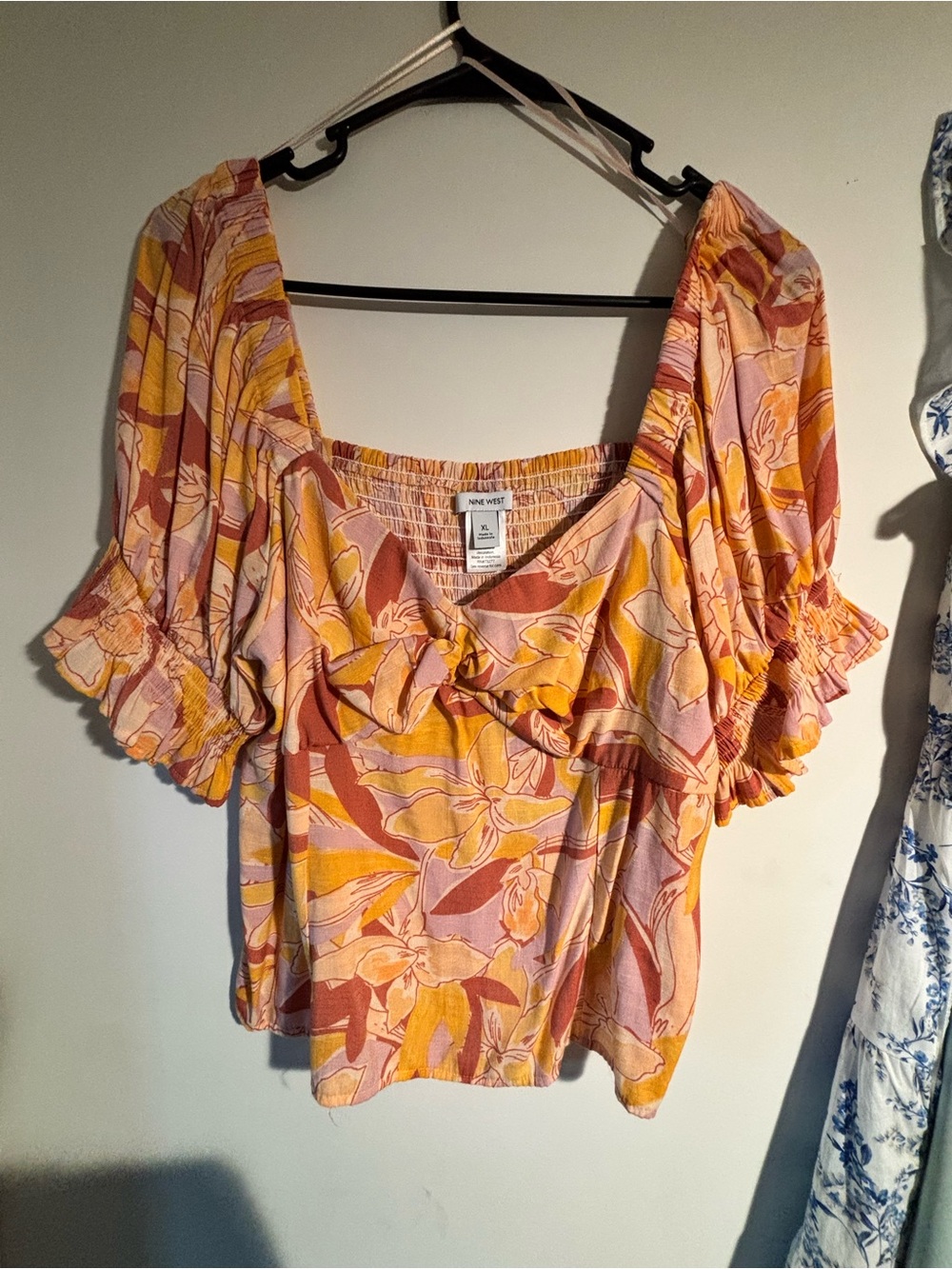 Nine West Floral Puff-Sleeve Square Neck Blouse - Pink & Yellow & Brown